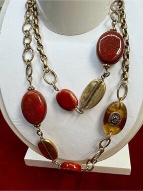 Chico's Gold-Tone Layered Necklace with Red and Amber Stone Accents